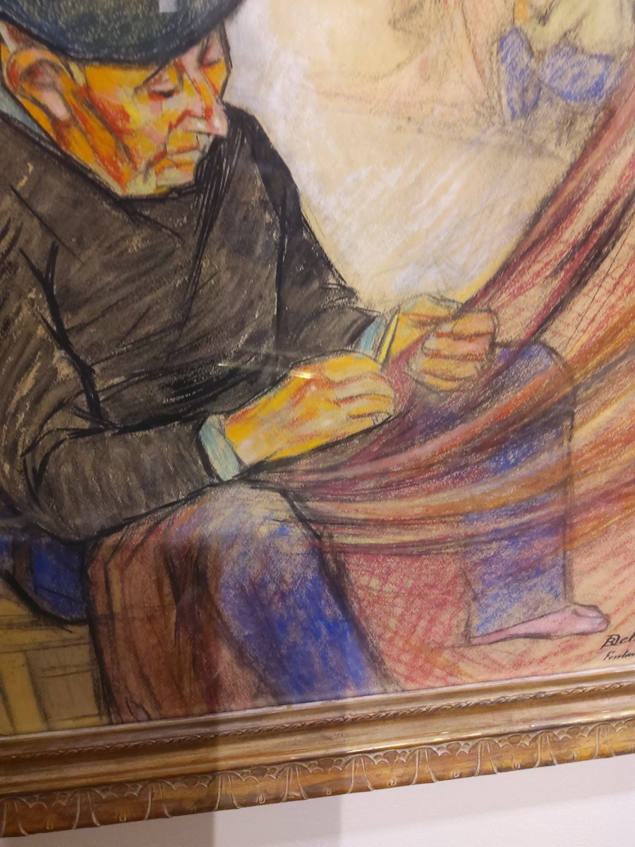 Pastel par Deléstang Robert Adrien Scène de pêcheurs basques reprisant ses filets  -photo-2